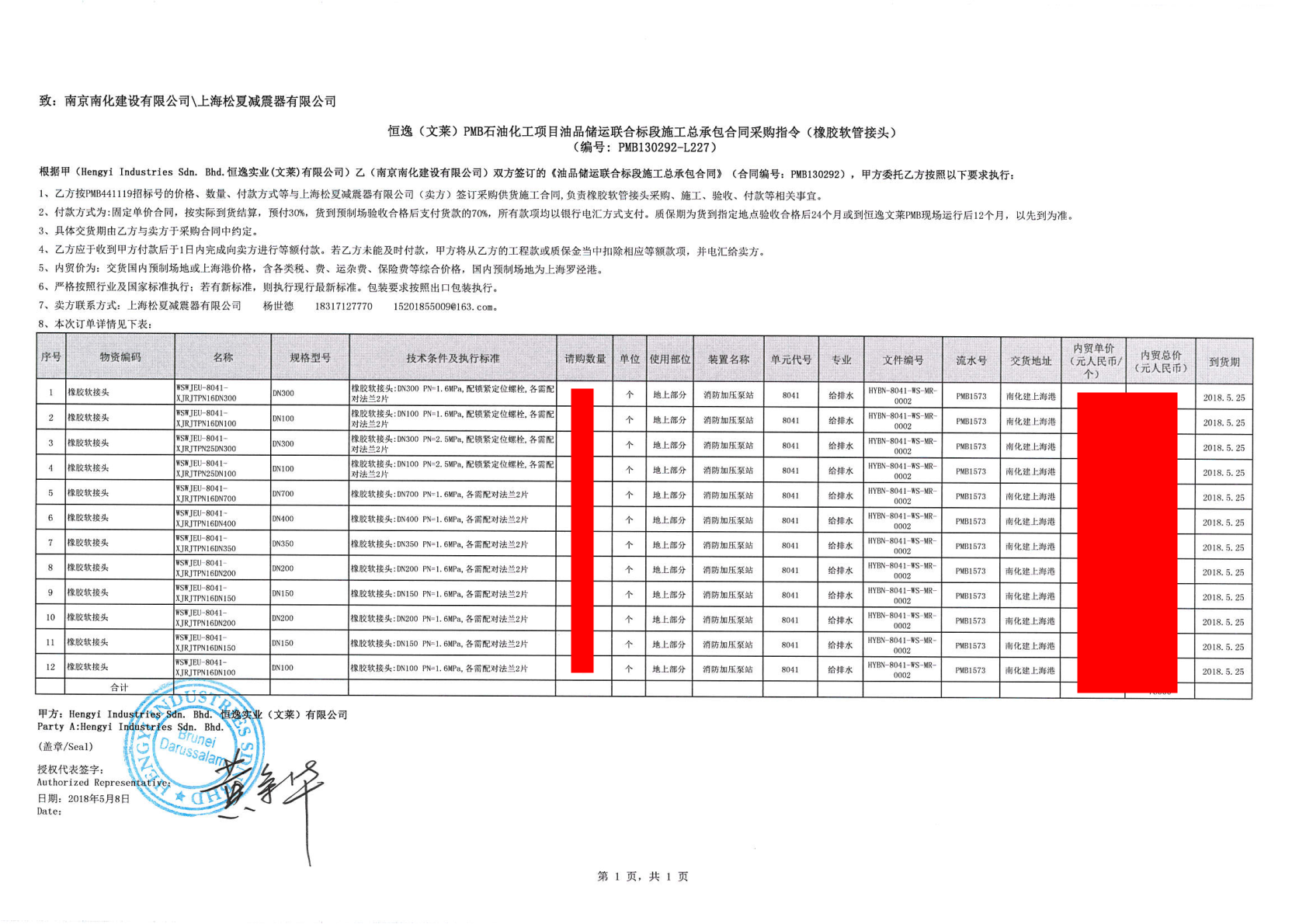 【恒逸文萊PMB石油化工項(xiàng)目】橡膠接頭采購合同